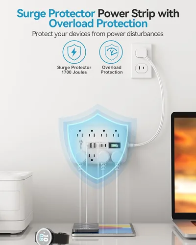 Vista 6 de Cable de extensión corto de 1 pie - Tira de alimentación de 2 clavijas 1700J, protector contra sobretensiones para electrodomésticos con 15A, 8