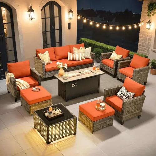 Vista 37 de ovios Juego de muebles de patio de 4 piezas con sofá de exterior, luces solares, mesa, cojines cómodos, sofá de conversación de mimbre de ratán