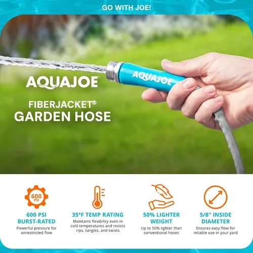 Vista 2 de Aqua Joe AJFJH50-PRX XTREME FIBERJACKET Manguera de jardín resistente a torceduras, accesorios de metal, 600 PSI máx, diámetro de 1/2 pulgada, 50