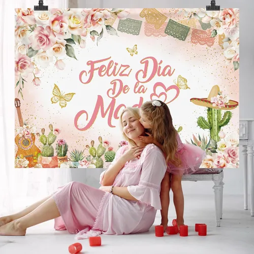 Vista 7 de MEHOFOND Fondo de feliz día de la madre, decoración mexicana para el Día de la Madre, fondo floral rosa para cabina de fotos, cartel de fiesta