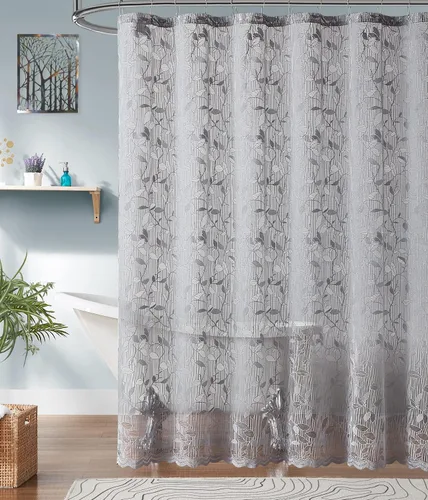 Vista 6 de ASATEX Cortina de ducha de encaje semitransparente gris. Cortina de baño romántica con patrón de hojas florales de 36 x 72 pulgadas. Haz que el baño