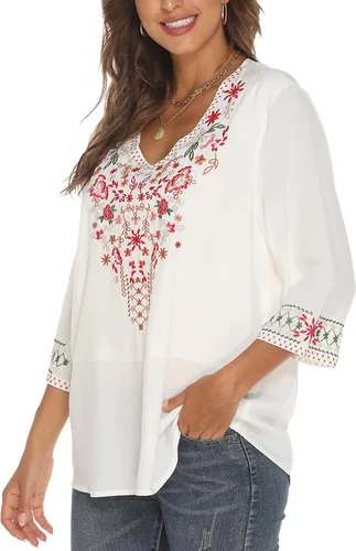 Vista 3 de Grosy Tops bordados bohemios para mujer, ropa hippie, blusas campesinas mexicanas, ropa tradicional bohemia