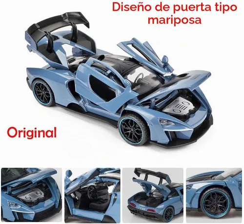 Vista 4 de Vehículo de juguete coleccionable de aleación azul McLaren Senna con retroceso automático, modelo de coche fundido a presión con luces y sonido