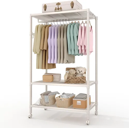 Vista 8 de Perchero resistente con ruedas, estantes de ropa con estantes ajustables y ganchos laterales para colgar ropa, armario de almacenamiento