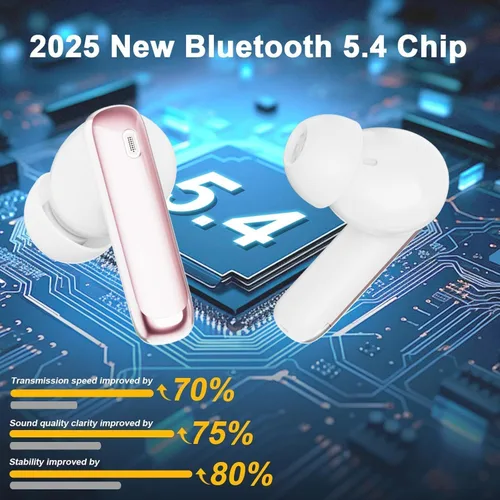 Vista 5 de Auriculares inalámbricos, auriculares Bluetooth 2025 V5.4, micrófono con cancelación de ruido ENC integrado, auriculares Bluetooth estéreo de 48