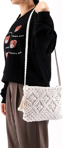 Vista 7 de CHIC DIARY Bolso de mano de paja para mujer, bolso de paja bohemio para verano, playa, tejido, sobre cartera de muñeca