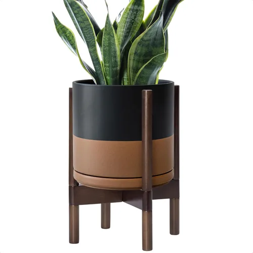 Vista 104 de D'vine Dev Maceta de cerámica con soporte de ébano – Maceta redonda moderna de 8 pulgadas con soporte para maceta de madera, color negro, 55-B-M-2