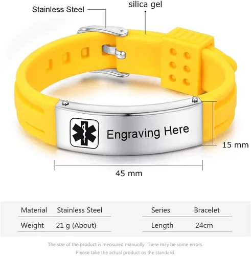 Vista 15 de OPALSTOCK Pulseras médicas personalizadas de silicona ajustable para identificación de emergencias, grabado gratuito, 9 pulgadas, resistente al