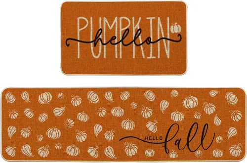 Vista 11 de Artoid Mode Juego de 3 tapetes de cocina naranja con texto en inglés "Hello Pumpkin", decoración otoñal para el hogar, alfombras de cocina de bajo