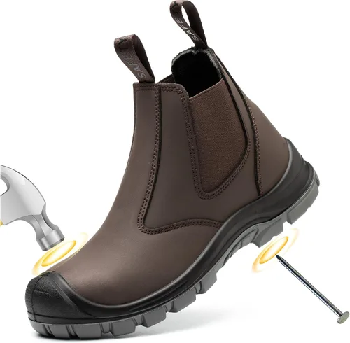 Vista 8 de TAERDUN Botas de trabajo con punta de acero para hombre, botas Chelsea sin cordones, zapatos industriales y de construcción para hombre 414 negro