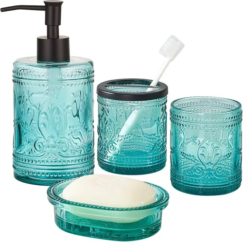Vista 7 de Juego de 4 accesorios de baño de vidrio azul pesado con patrón decorativo prensado, incluye dispensador de jabón de mano, vaso, jabonera y soporte