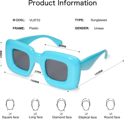 Vista 4 de VANLINKER Lindas gafas de sol cuadradas infladas para mujeres y hombres, gafas gruesas retro con marco grueso divertido máscara sombras VL9733