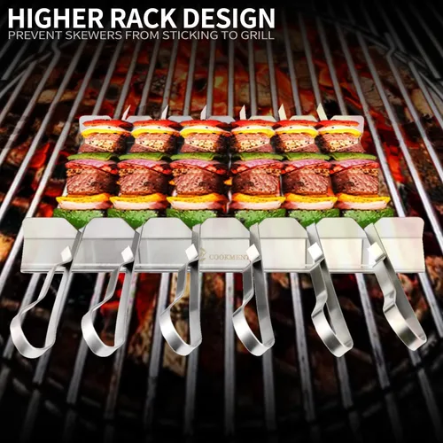 Vista 4 de Estante para brochetas de kebab - Estante de barbacoa de acero inoxidable compatible con brochetas de madera, redondas, metálicas, planas o de bambú