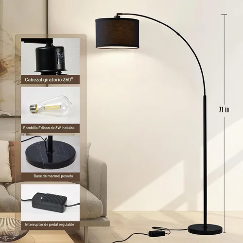 Vista 2 de Lámparas de pie de arco para sala de estar, lámpara de pie regulable con cabezal ajustable, lámpara de pie moderna con acabado negro, lámpara
