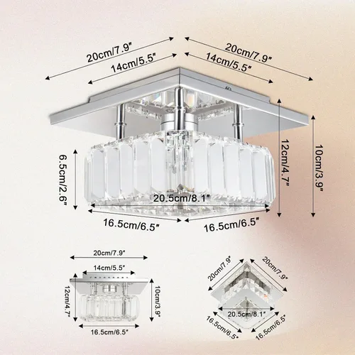 Vista 5 de CLAIRDAI Lámpara de techo de cristal cuadrada de montaje empotrado, lámpara de techo LED moderna, lámpara de techo de cristal para cocina, pasillo