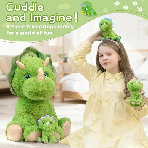 Vista 4 de Muiteiur Triceratops - Animal de peluche gigante de dinosaurio para mamá con 3 bebés pequeños, juguete de dinosaurio de felpa suave verde, regalo