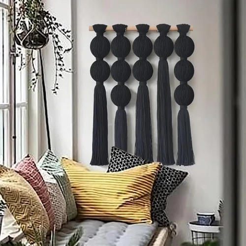Vista 3 de Jakalin Macramé para colgar en la pared, arte de pared de fibra con borlas Negro