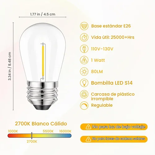 Vista 3 de Svater - Paquete de 15 bombillas LED de repuesto S14 de 1 W, base mediana E26