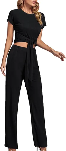Vista 3 de LYANER Conjunto de 2 piezas para mujer, top corto de manga corta con nudo de corbata y pantalones de cintura alta