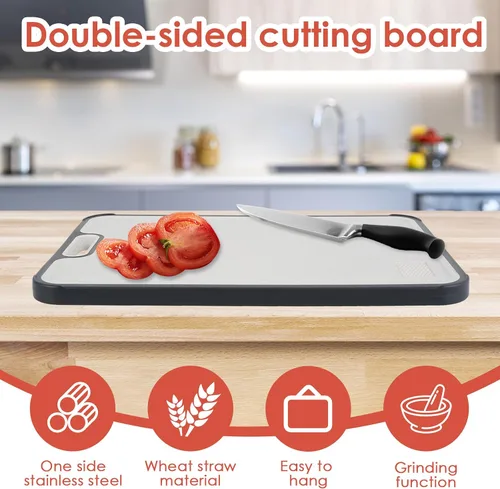 Vista 3 de 2 tablas de cortar de doble cara resistentes de acero inoxidable y polipropileno para cocina con área de molienda, tabla de cortar carne, apta