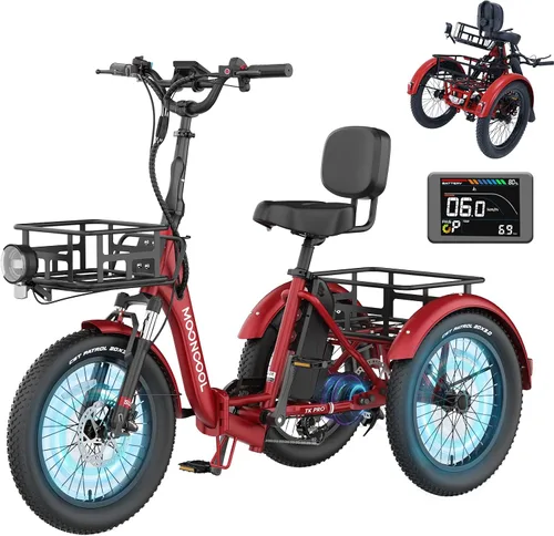 Vista 10 de MOONCOOL Triciclo eléctrico para adultos, 500 W/750 W 48 V, triciclo eléctrico plegable de potencia máxima 1100 W, neumático grueso de 20 x 3.0
