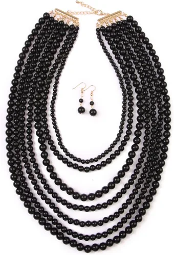 Vista 3 de RIAH FASHION Collar de burbujas con cuentas múltiples, cuello redondo grueso con babero jaspeado, 7 capas de largo