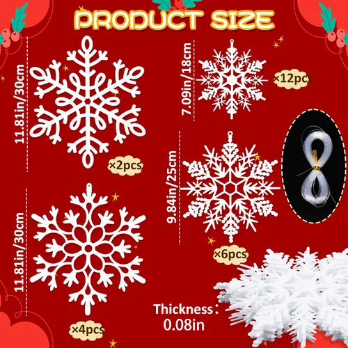Vista 3 de 24 piezas de copos de nieve colgantes de Navidad grandes para exteriores, copos de nieve grandes blancos en diferentes tamaños para decoración