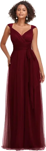 Vista 4 de Ever-Pretty Elegante cuello en V para mujer con cintura de fajín de una línea maxi de tul vestido cruzado vestidos de dama de honor 07303-USA