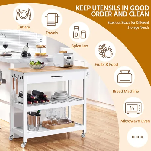Vista 8 de Yaheetech Carrito de isla de cocina con ruedas con mesa de bambú, carrito de microondas de 3 niveles con cajón para isla de cocina, toalla