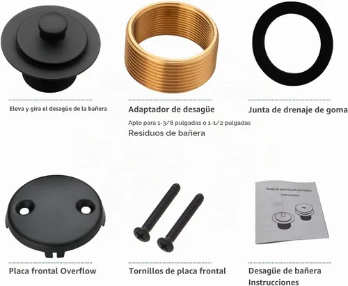 Vista 6 de HIDROP - Borde de drenaje de bañera de elevación y giro negro mate, placa frontal de desbordamiento de 2 agujeros