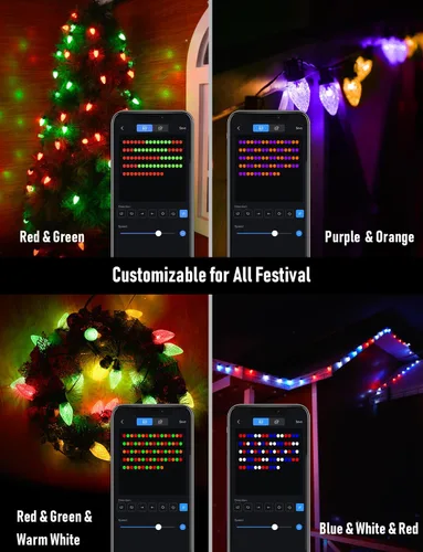 Vista 3 de Guirnalda de luces C9 para Navidad personalizada, 33 pies, 50 LED, controladas por aplicación, cambio de color, control de grupo, luces de cadena