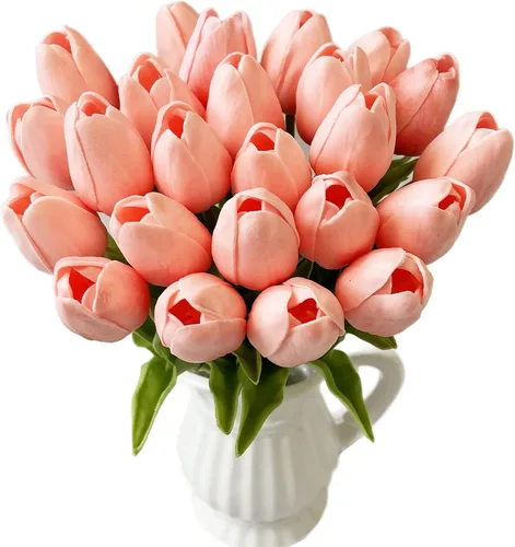 Vista 12 de UKELER Tulipanes artificiales a granel, 24 piezas de corona de bricolaje de tacto real, flores de tulipán artificiales para el hogar, cocina, boda