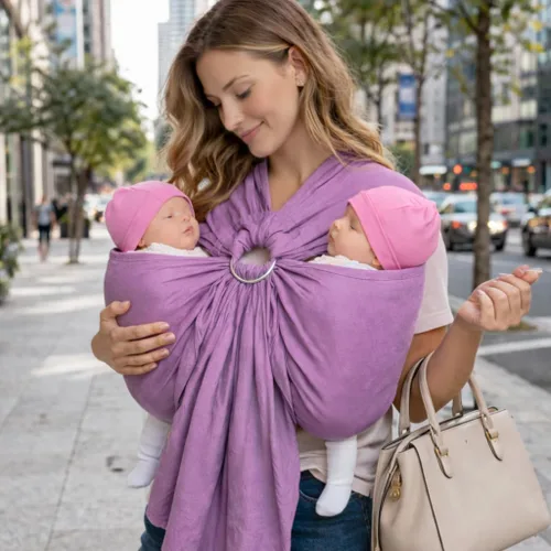 Vista 3 de Arnés de anillo tándem rosa para gemelos – Portabebés 100% mezcla de lino y algodón Arnés ergonómico para bebé doble para transporte de cadera