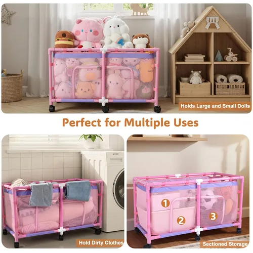 Vista 8 de FIOBEE Caja de juguetes para niñas y niños con malla transparente y ruedas giratorias de 360°, organizador de pecho de juguetes, fácil de instalar