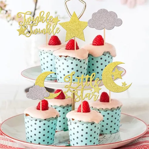 Vista 4 de Rsstarxi Paquete de 36 adornos para cupcakes con purpurina de luna, nubes y nubes, para baby shower, cumpleaños, boda, fiesta, suministros de Diseño