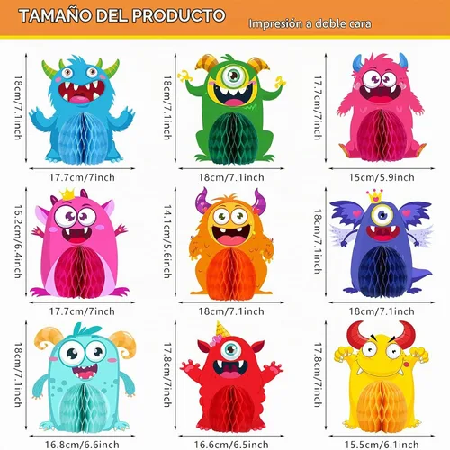Vista 2 de 9 juegos de centros de mesa de monstruo de panal de abeja para fiestas de cumpleaños, decoración de mesa de cumpleaños con temática de monstruos