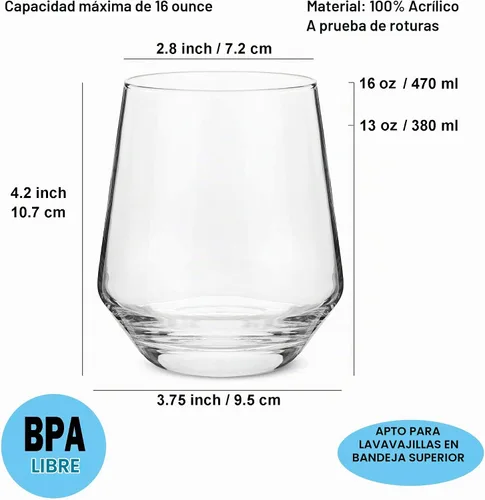 Vista 2 de KX-WARE Vasos de vino acrílicos irrompibles de 16 onzas sin tallo, vasos de plástico multiusos, juego de 6 vasos transparentes aptos