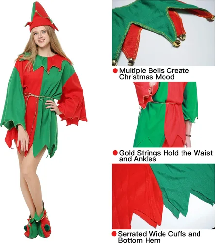 Vista 4 de EraSpooky Disfraces de elfo navideño para hombres, mujeres, adultos, traje de Santa, traje festivo, vestido de fiesta, disfraz divertido