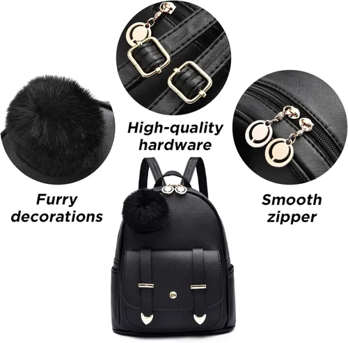 Vista 4 de I IHAYNER Mochila de moda para niñas, mini mochila para mujeres, adolescentes y niñas, monederos de piel sintética con pompón, bolsa de hombro