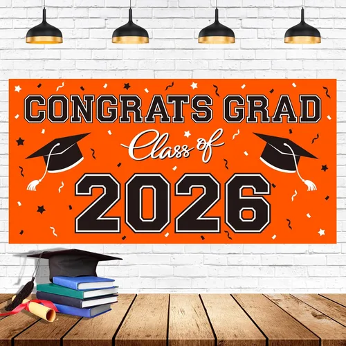 Vista 7 de Telón de fondo de plástico para fiesta de graduación 2026 - 65" x 32.7" Pancarta Congrats Grad en negro, decoraciones grandes de la clase de 2026