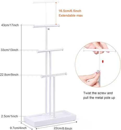 Vista 4 de Love-KANKEI Soporte para árbol de joyería, base de metal blanco y madera, organizador de joyas grande para collares, pulseras, aretes, organizador