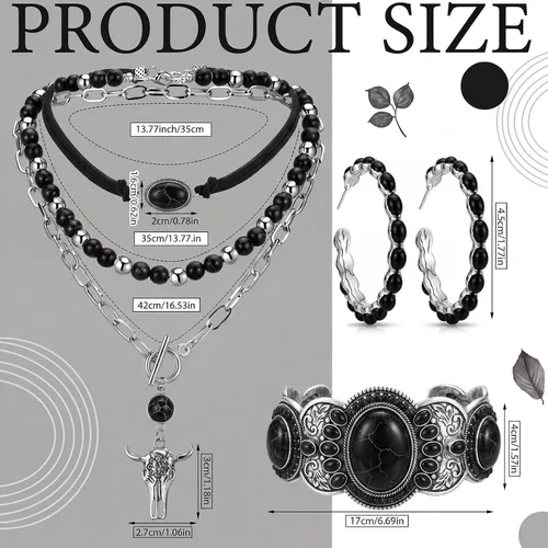 Vista 3 de 3 piezas de joyería boho occidental para mujer, conjunto de joyas de turquesa, aretes vintage, pulsera, collar bohemio occidental para mujer Negro