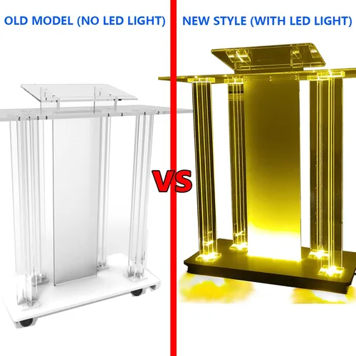 Vista 4 de Soporte de podio acrílico transparente, podio de piso con ruedas, plataforma de lectura vertical con luces LED, escritorio de recepción rodante