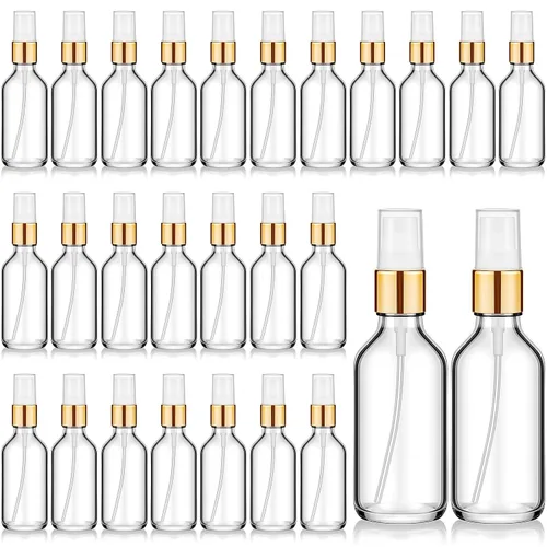 Vista 26 de Roshtia 30 botellas vacías decorativas transparentes de 0.33 onzas fluidas de color madera de haya con atomizador de perfume recargable, con bomba