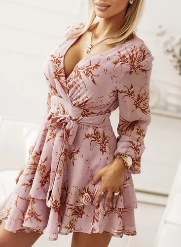Vista 4 de Dokotoo Womens 2023 Summer Spring V Neck Ruffle Chiffon Elegant Tie Knot Mini Short Swing Skater Dresses