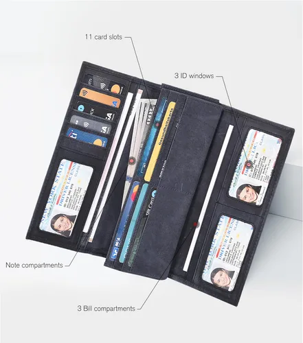Vista 2 de Cartera de piel auténtica para mujer con bloqueo RFID, tarjetero triple para mujer, con ventana de identificación