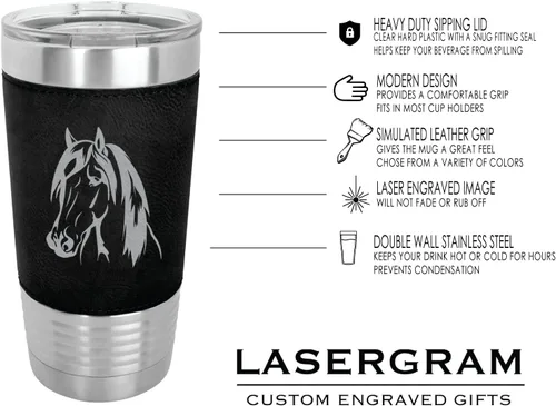 Vista 3 de LaserGram - Vaso de 20 oz con aislamiento al vacío, diseño de cabeza de caballo 1, (piel sintética, negro)