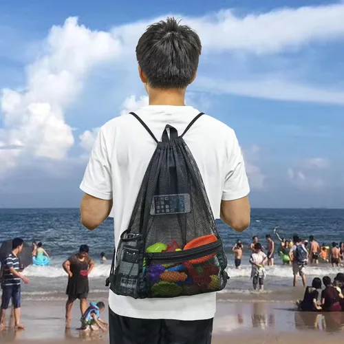 Vista 8 de Heavy Duty Drawstring Mesh Bag, Gym Backpack Sports String Bag with Bottle Holder for Balls, Swiming, Beach Toys