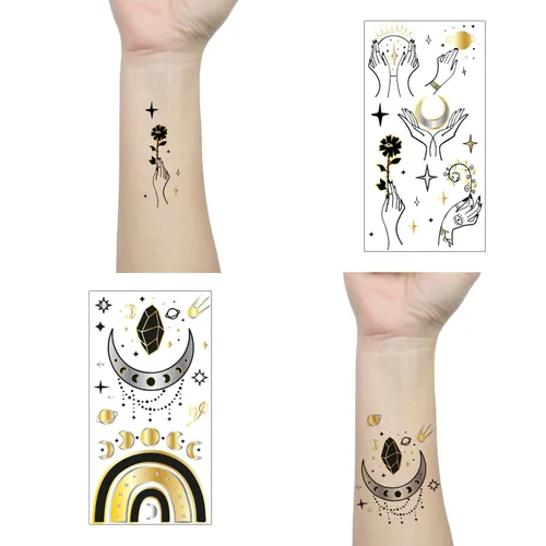 Vista 3 de 9 hojas de tatuajes temporales pequeños, color negro, calcomanías de tatuaje de cara para hombres y mujeres, dorado metálico, flor espacial, luna