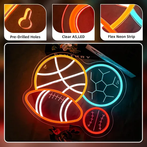 Vista 7 de NOSUN Letrero de neón con combinación deportiva de 4 bolas para dormitorio de niño, hombre, cueva, fútbol, fútbol, baloncesto, béisbol, luz de neón